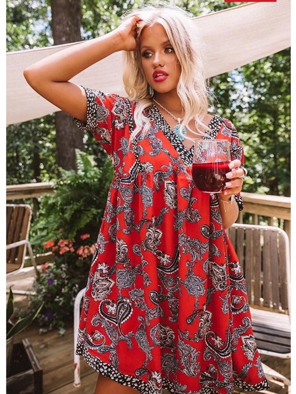 Red Paisley V-Neck Short Sleeve Dress
